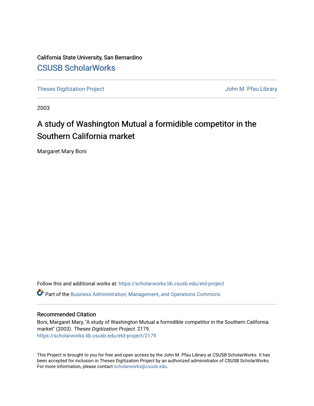 A Study of Washington Mutual a Formidible Competitor in the Southern California Market