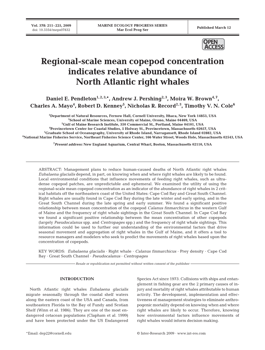 Regional-Scale Mean Copepod Concentration Indicates Relative Abundance of North Atlantic Right Whales