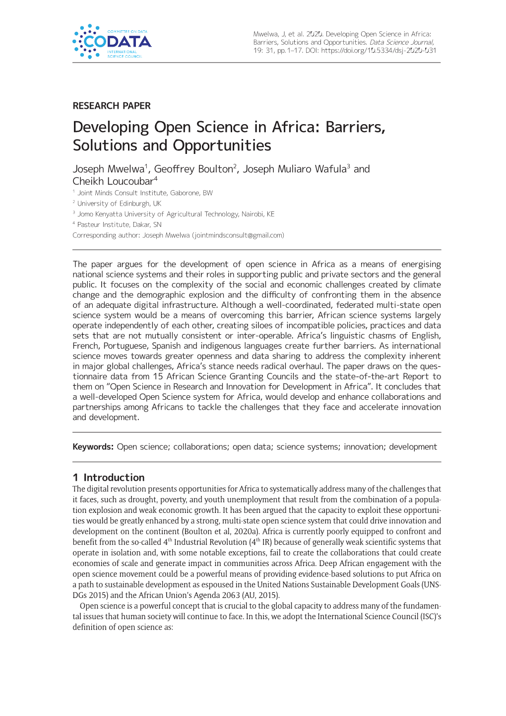 Developing Open Science in Africa: Barriers, Solutions and Opportunities