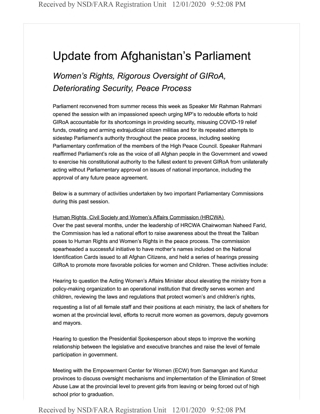 Update from Afghanistan's Parliament