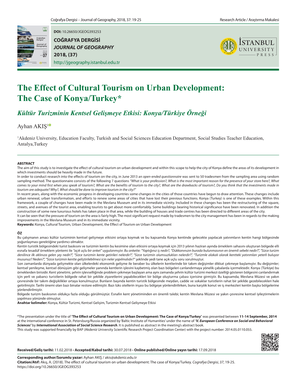 The Effect of Cultural Tourism on Urban Development: the Case of Konya/Turkey*