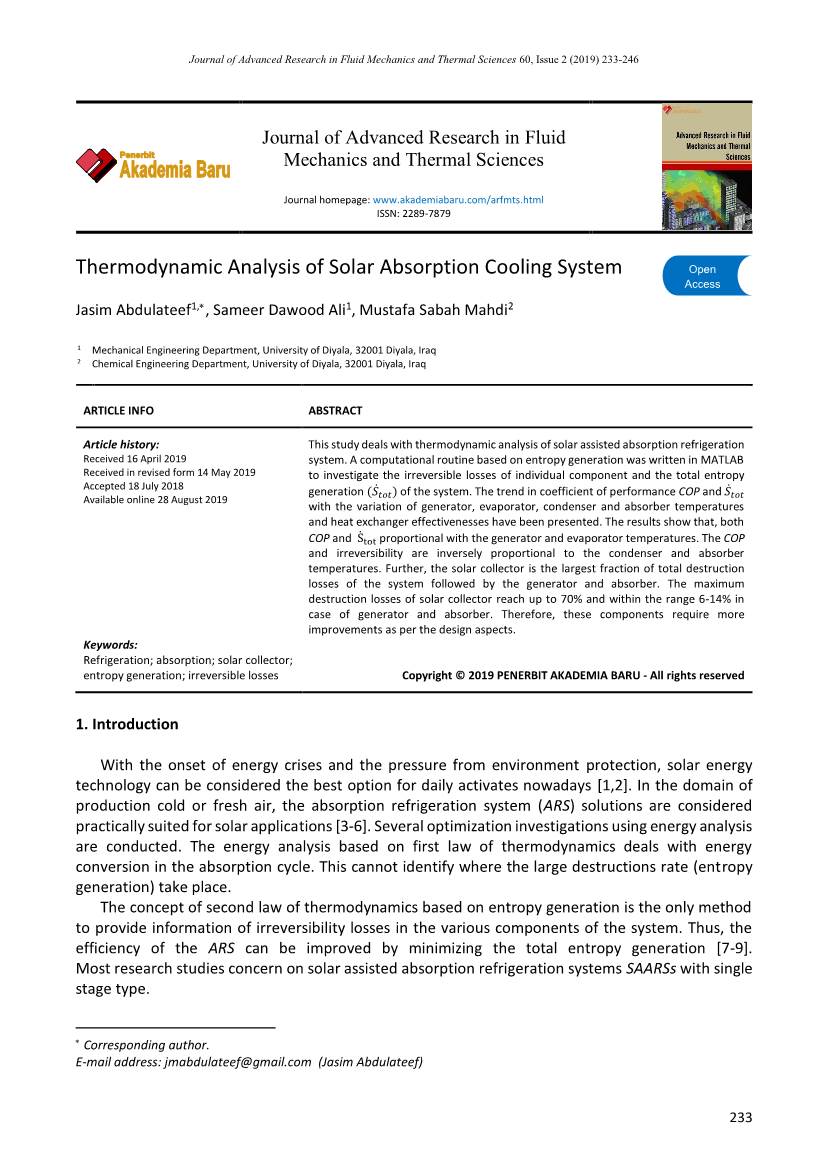 Thermodynamic Analysis of Solar Absorption Cooling System Open Access Jasim Abdulateef1,, Sameer Dawood Ali1, Mustafa Sabah Mahdi2