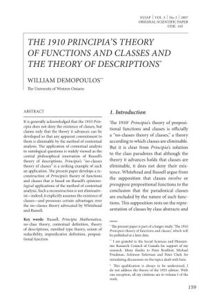 THE 1910 PRINCIPIA's THEORY of FUNCTIONS and CLASSES and the THEORY of DESCRIPTIONS*