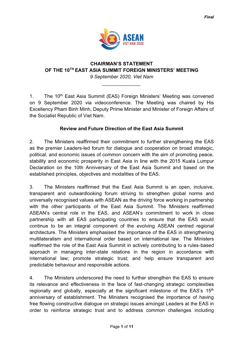 Chairman's Statement of the 10Th East Asia Summit