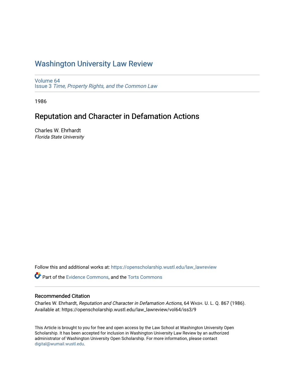 Reputation and Character in Defamation Actions