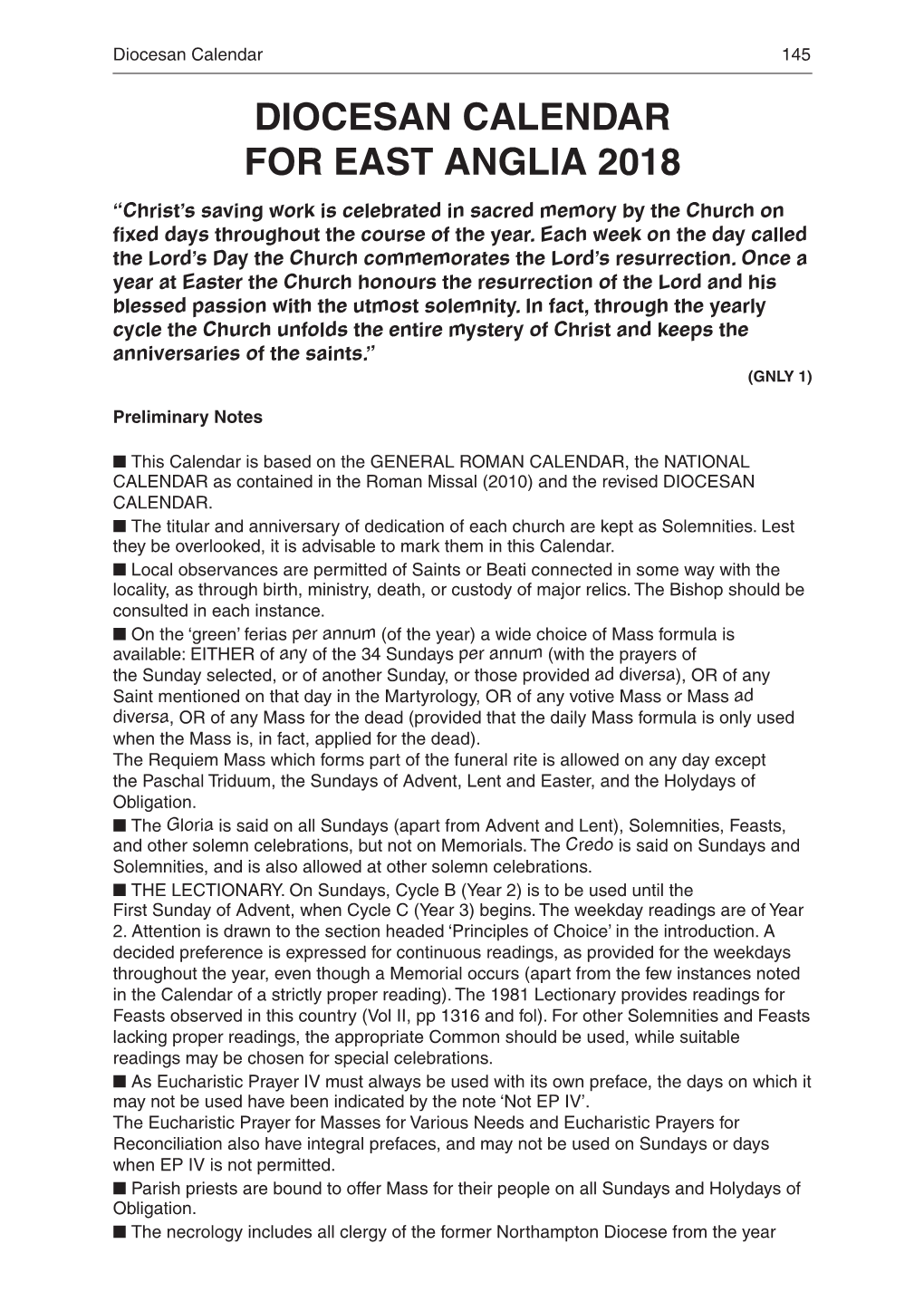 Diocesan Calendar for East Anglia 2018