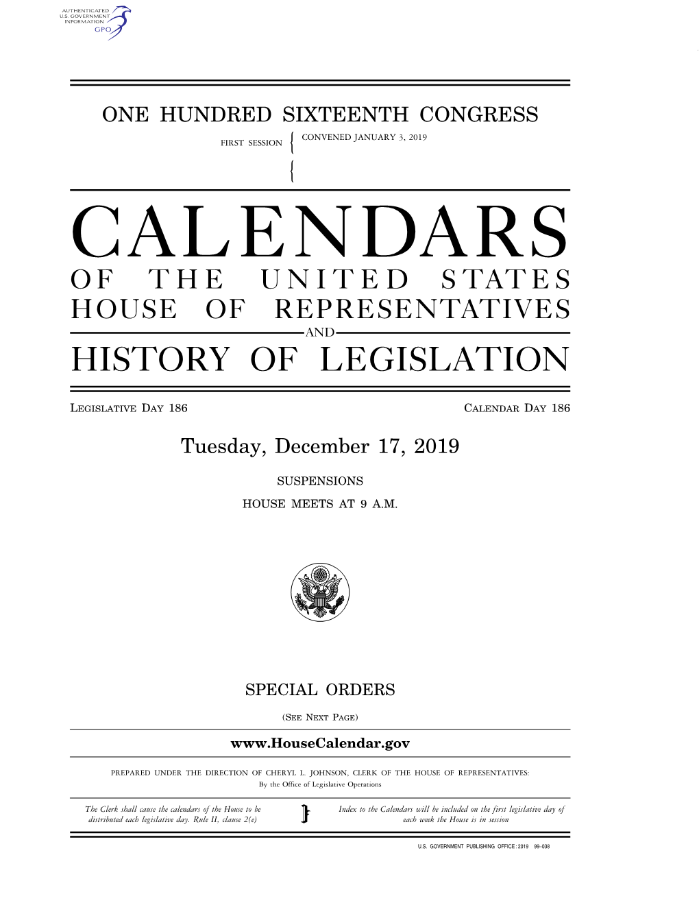 Calendars of the United States House of Representatives and History of Legislation