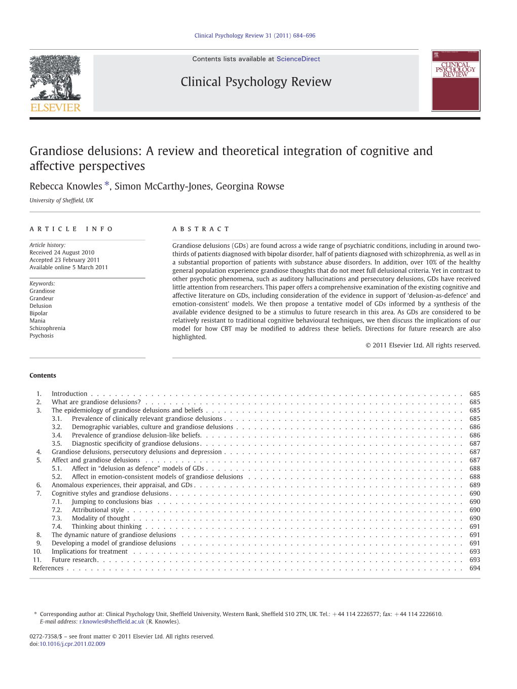 Grandiose Delusions: a Review and Theoretical Integration of Cognitive and Affective Perspectives