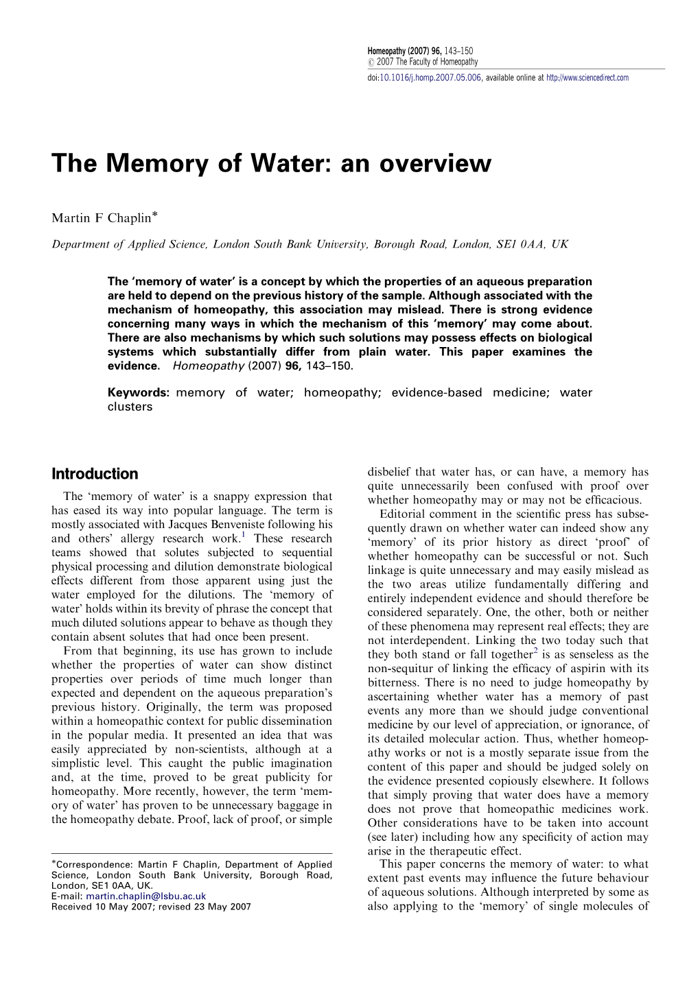 The Memory of Water: an Overview