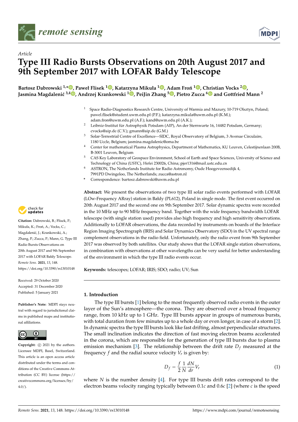 Type III Radio Bursts Observations on 20Th August 2017 and 9Th September 2017 with LOFAR Bałdy Telescope