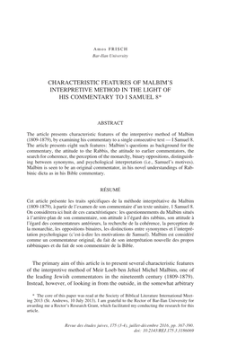 Characteristic Features of Malbim’S Interpretive Method in the Light of His Commentary to I Samuel 8*