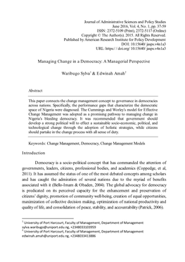 Managing Change in a Democracy: a Managerial Perspective Waribugo