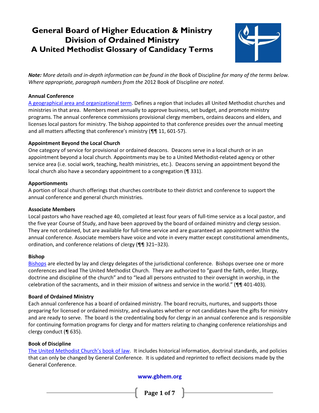 United Methodist Glossary of Candidacy Terms