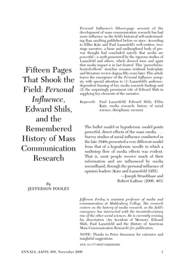 Fifteen Pages That Shook the Field: Personal Influence, Edward Shils, and the Remembered History of Media Research