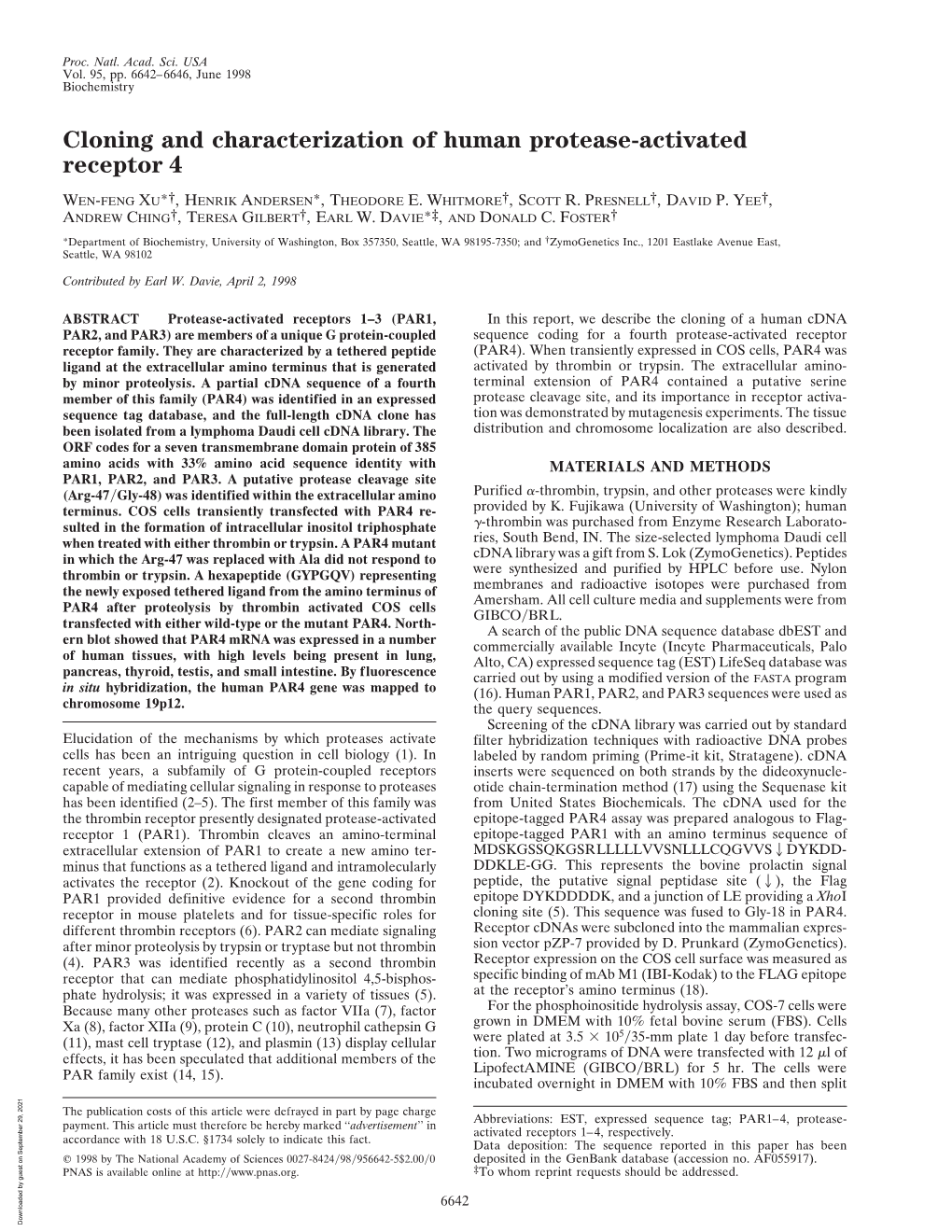 Cloning and Characterization of Human Protease-Activated Receptor 4