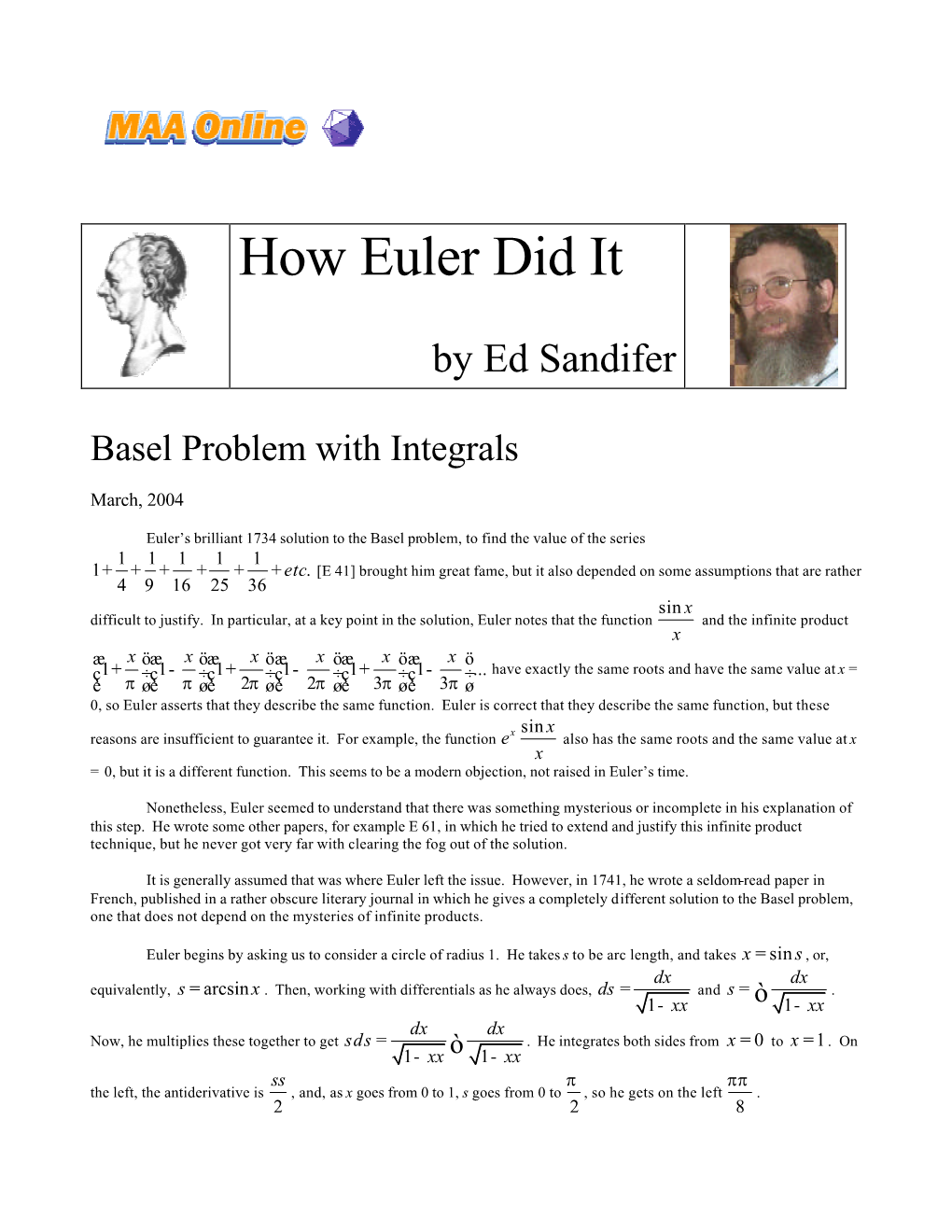Basel Problem with Integrals