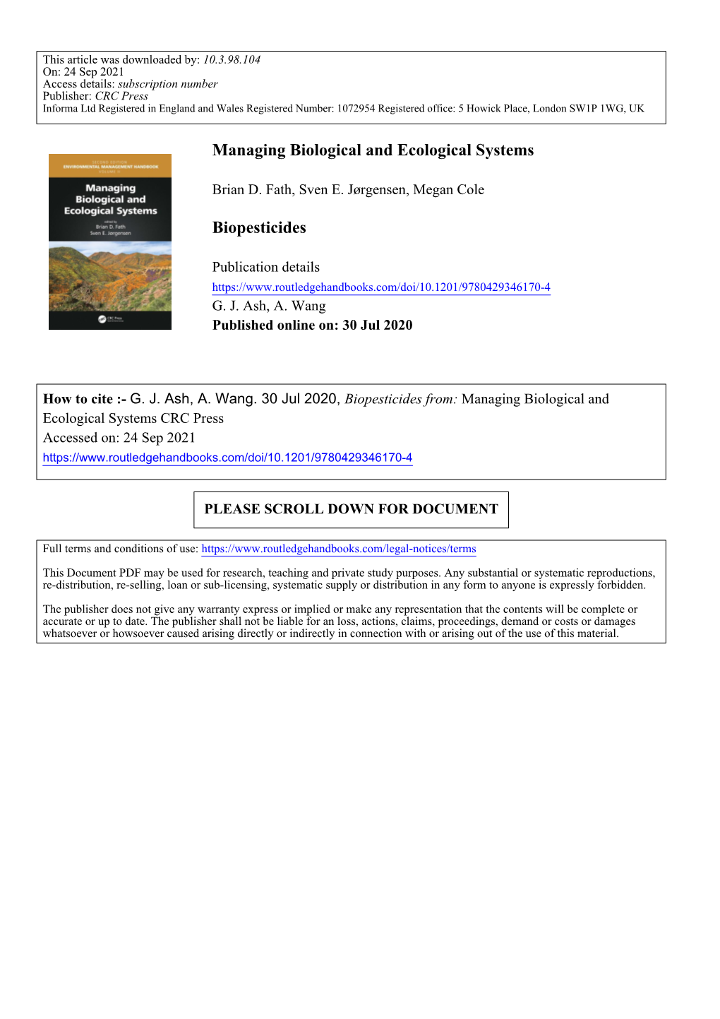 Managing Biological and Ecological Systems Biopesticides