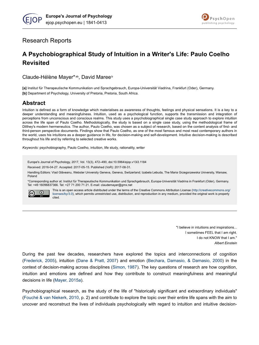 A Psychobiographical Study of Intuition in a Writer's Life: Paulo Coelho Revisited