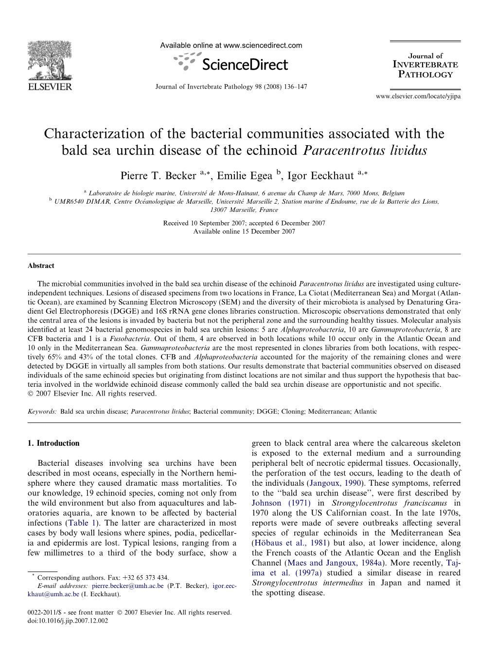 Characterization of the Bacterial Communities Associated with the Bald Sea Urchin Disease of the Echinoid Paracentrotus Lividus