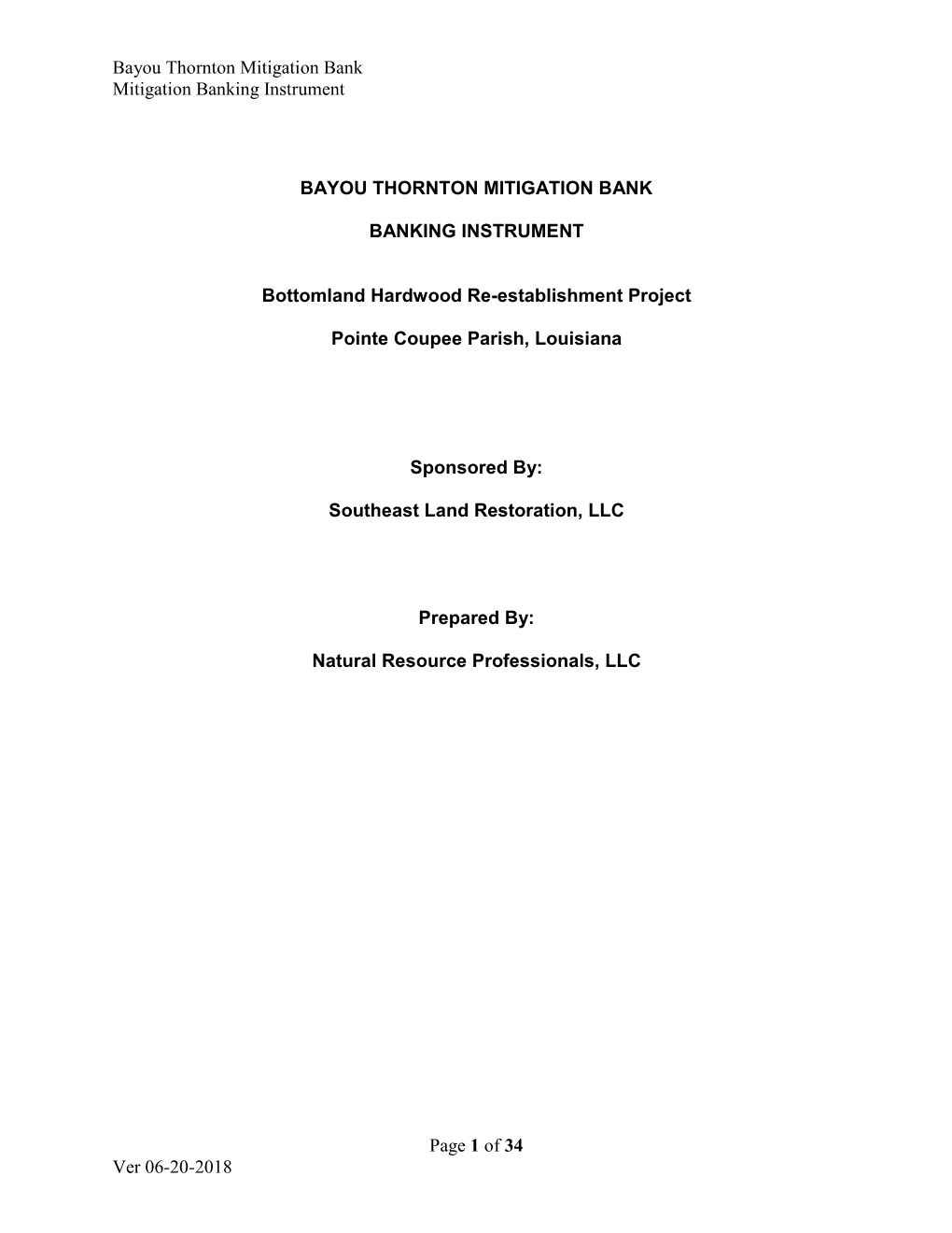 Bayou Thornton Mitigation Bank Mitigation Banking Instrument Page