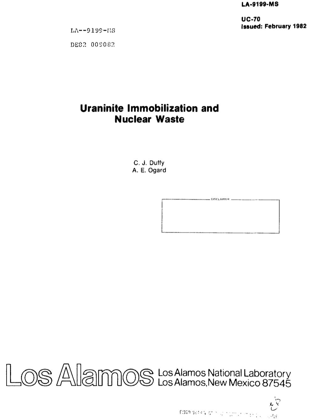 Uraninite Immobilization and Nuclear Waste Los Alamos National