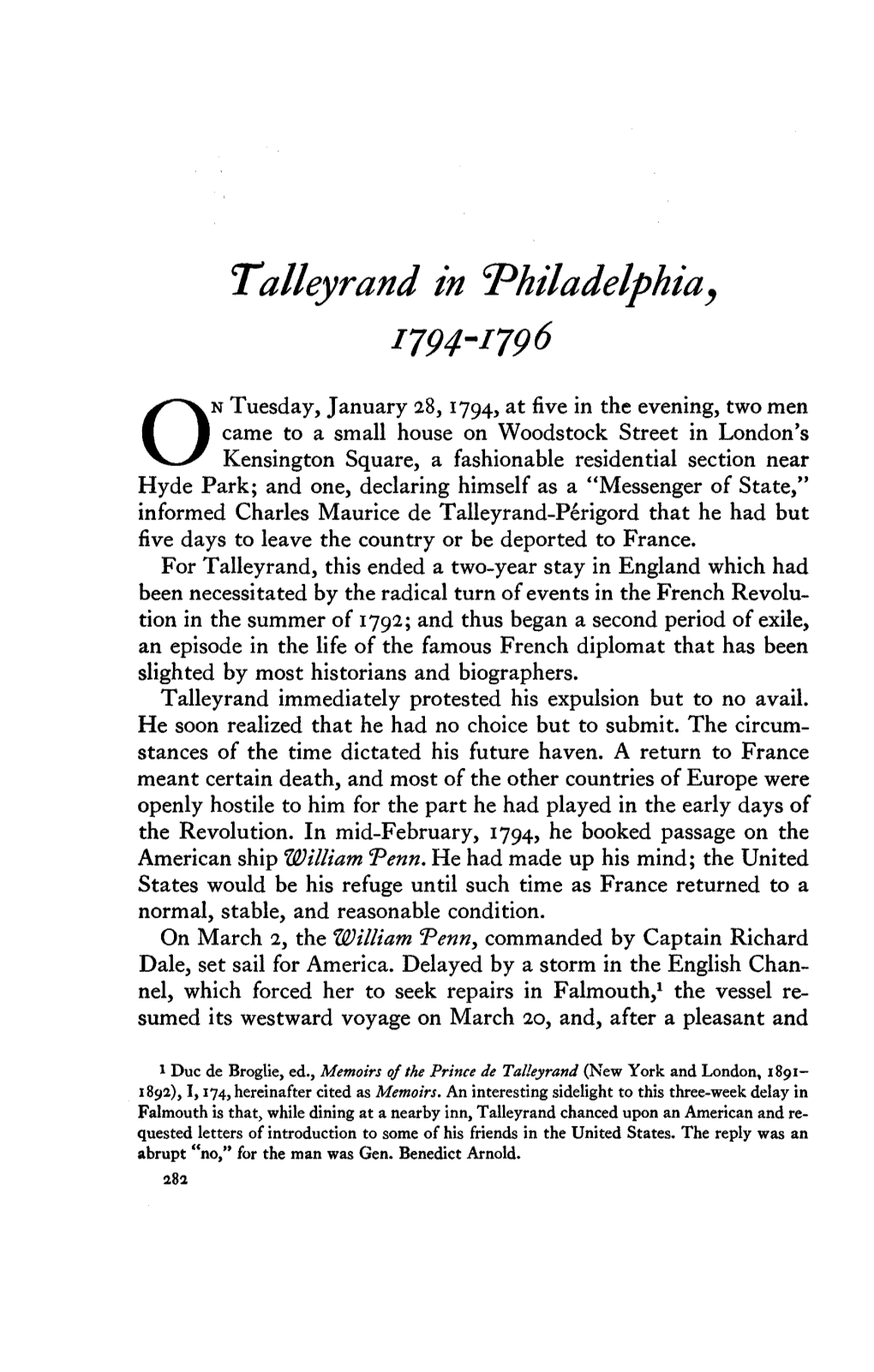 Talleyrand in Philadelphia, 1794-1796