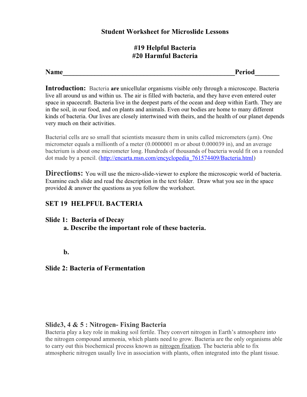 Student Worksheet for Microslide Lessons