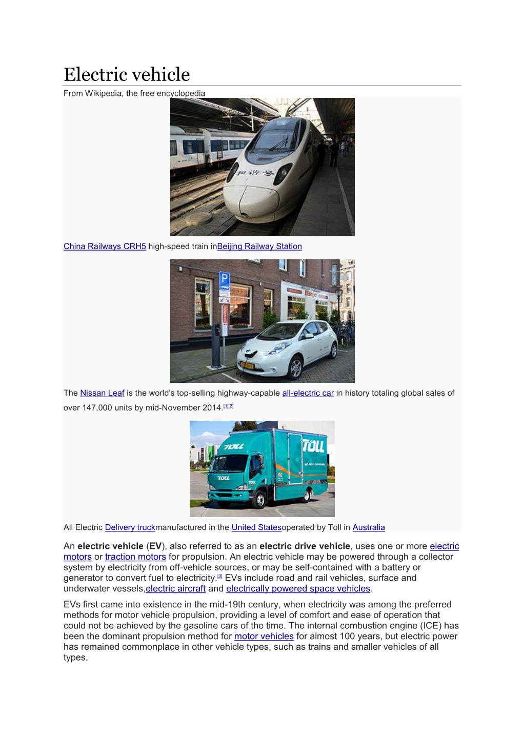Electric Vehicle from Wikipedia, the Free Encyclopedia