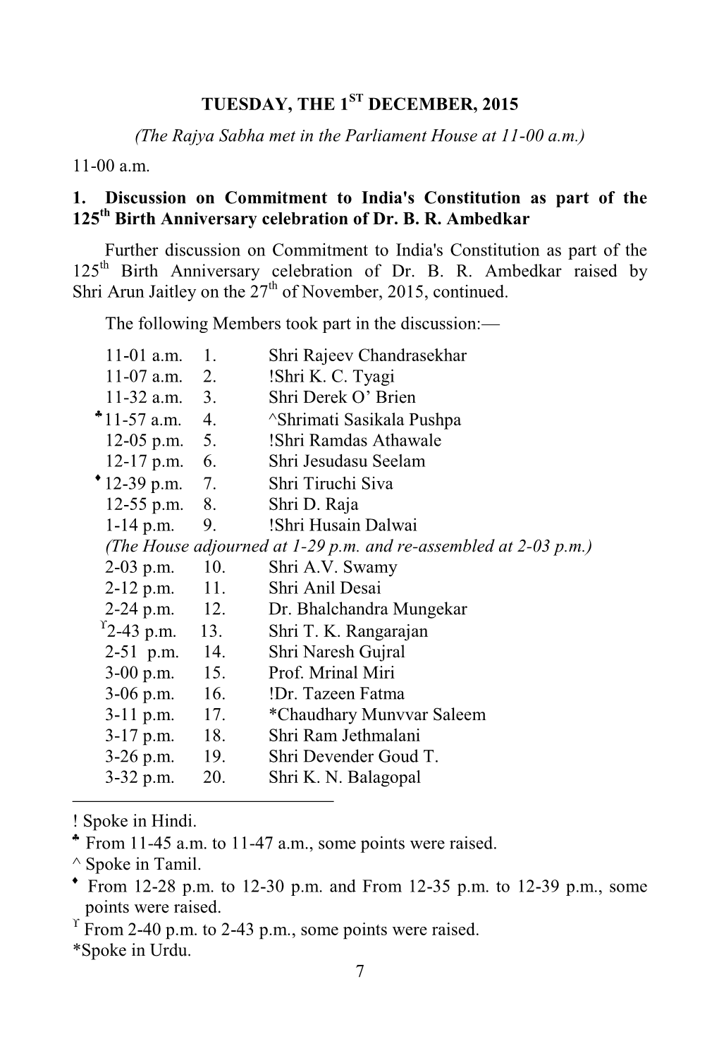 7 TUESDAY, the 1ST DECEMBER, 2015 (The Rajya Sabha Met in the Parliament House at 11-00 A.M.) 11-00 A.M. 1. Discussion on Commit