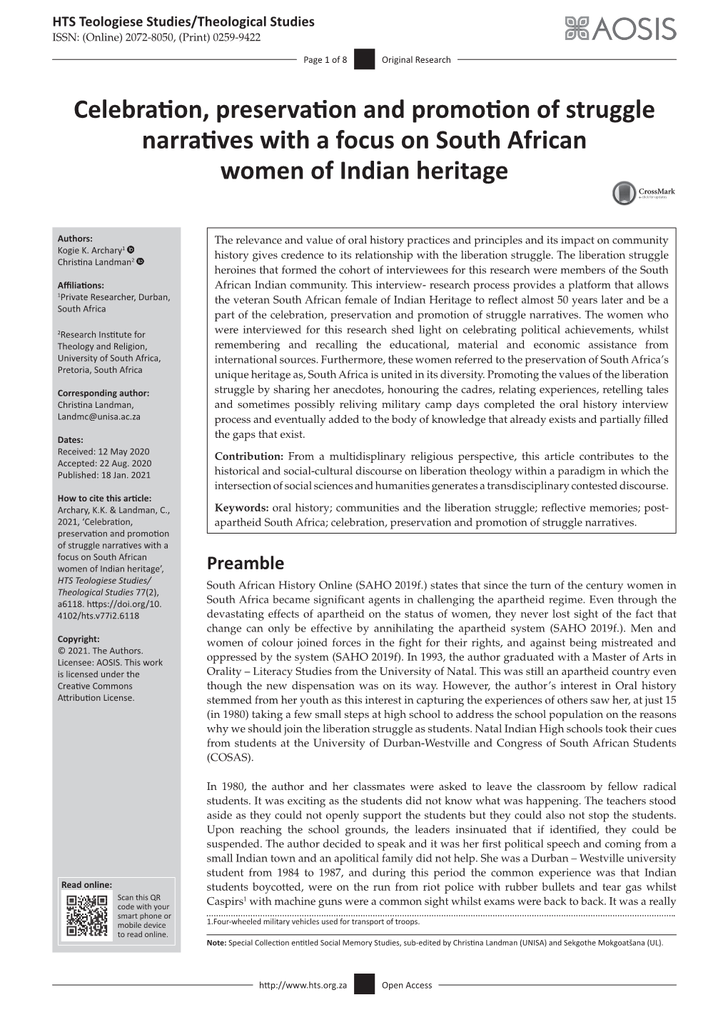 Celebration, Preservation and Promotion of Struggle Narratives with a Focus on South African Women of Indian Heritage