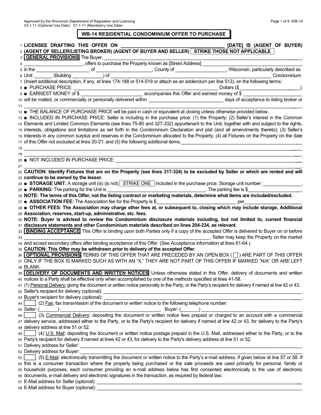 Wb-14 Residential Condominium Offer to Purchase Licensee Drafting This Offer on [Date]