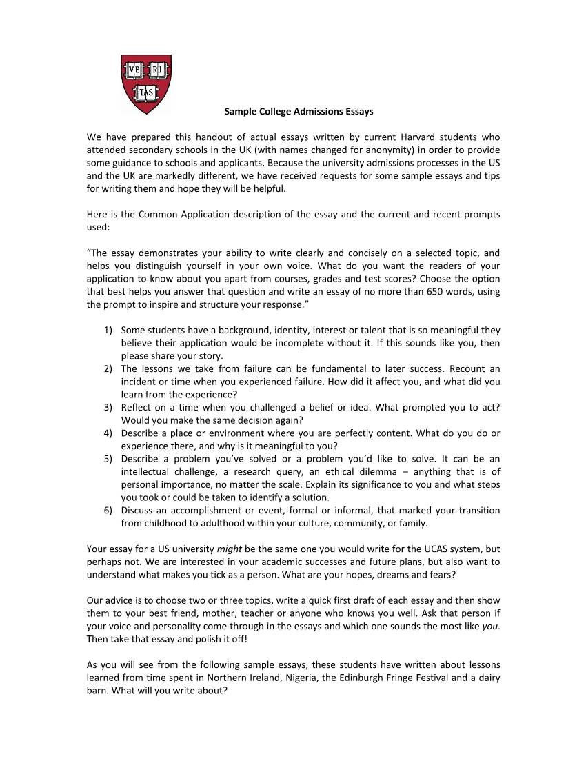 Sample College Admissions Essays We Have Prepared This Handout Of