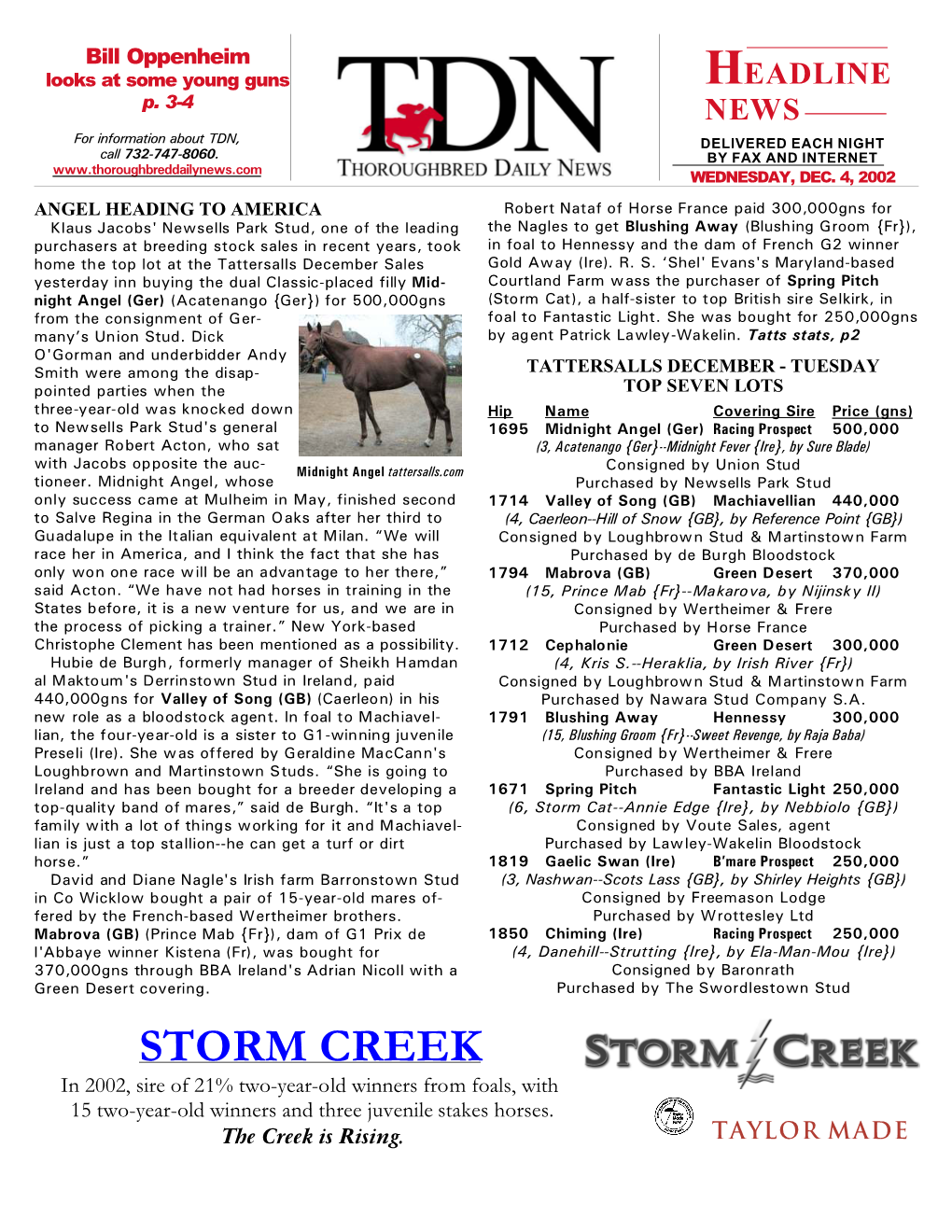 STORM CREEK in 2002, Sire of 21% Two-Year-Old Winners from Foals, with 15 Two-Year-Old Winners and Three Juvenile Stakes Horses