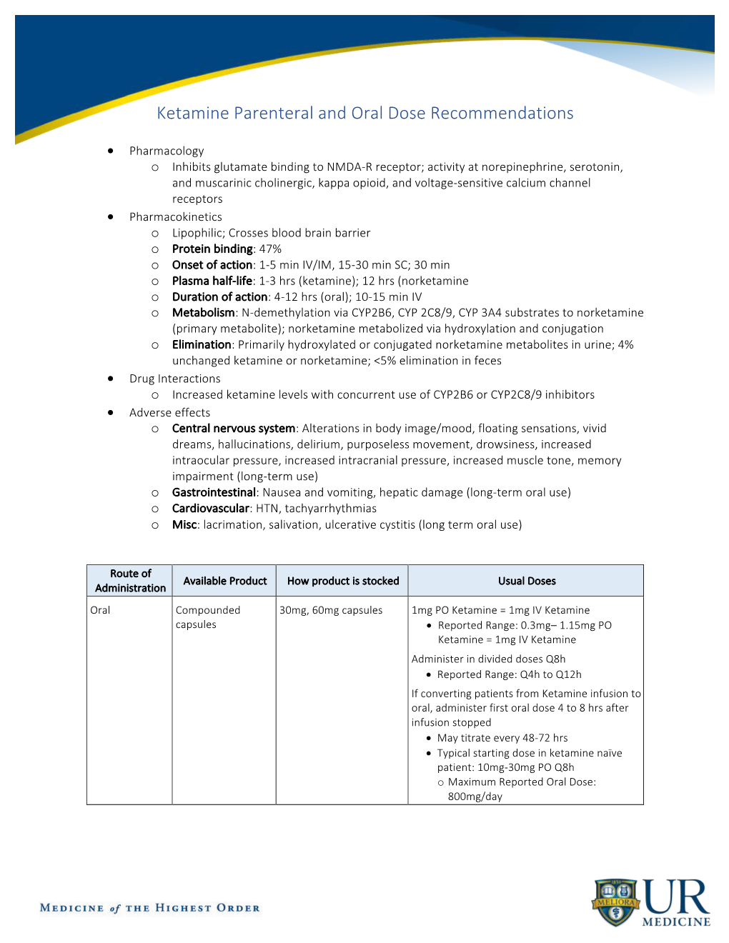 Ketamine Parenteral and Oral Dose Recommendations