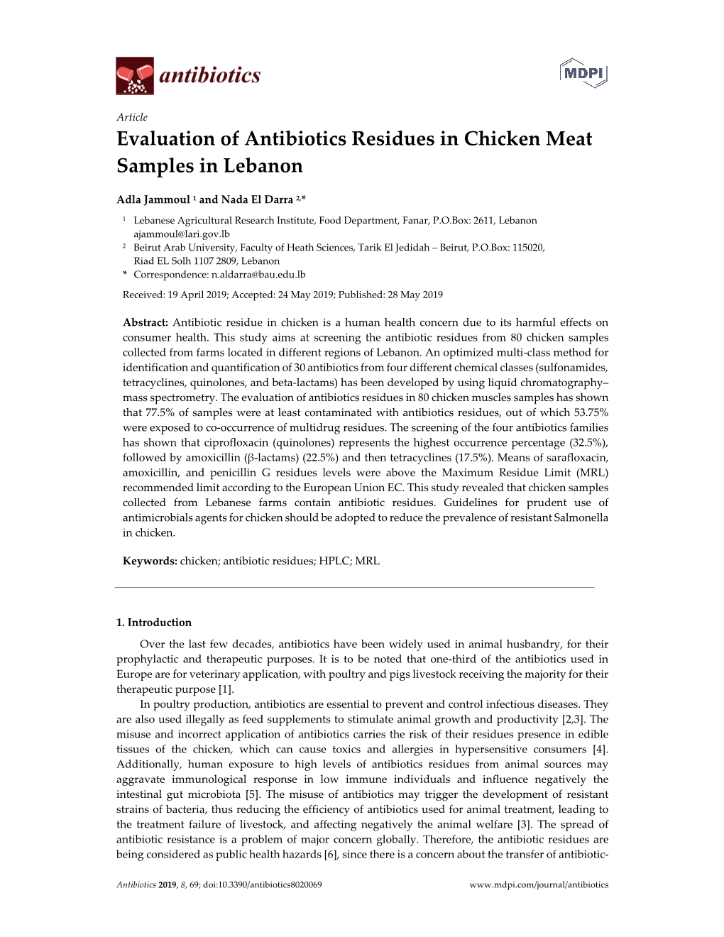 Evaluation of Antibiotics Residues in Chicken Meat Samples in Lebanon