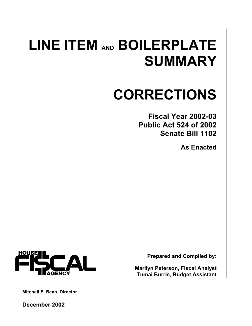 Corrections Line Item Summary FY 2002-03