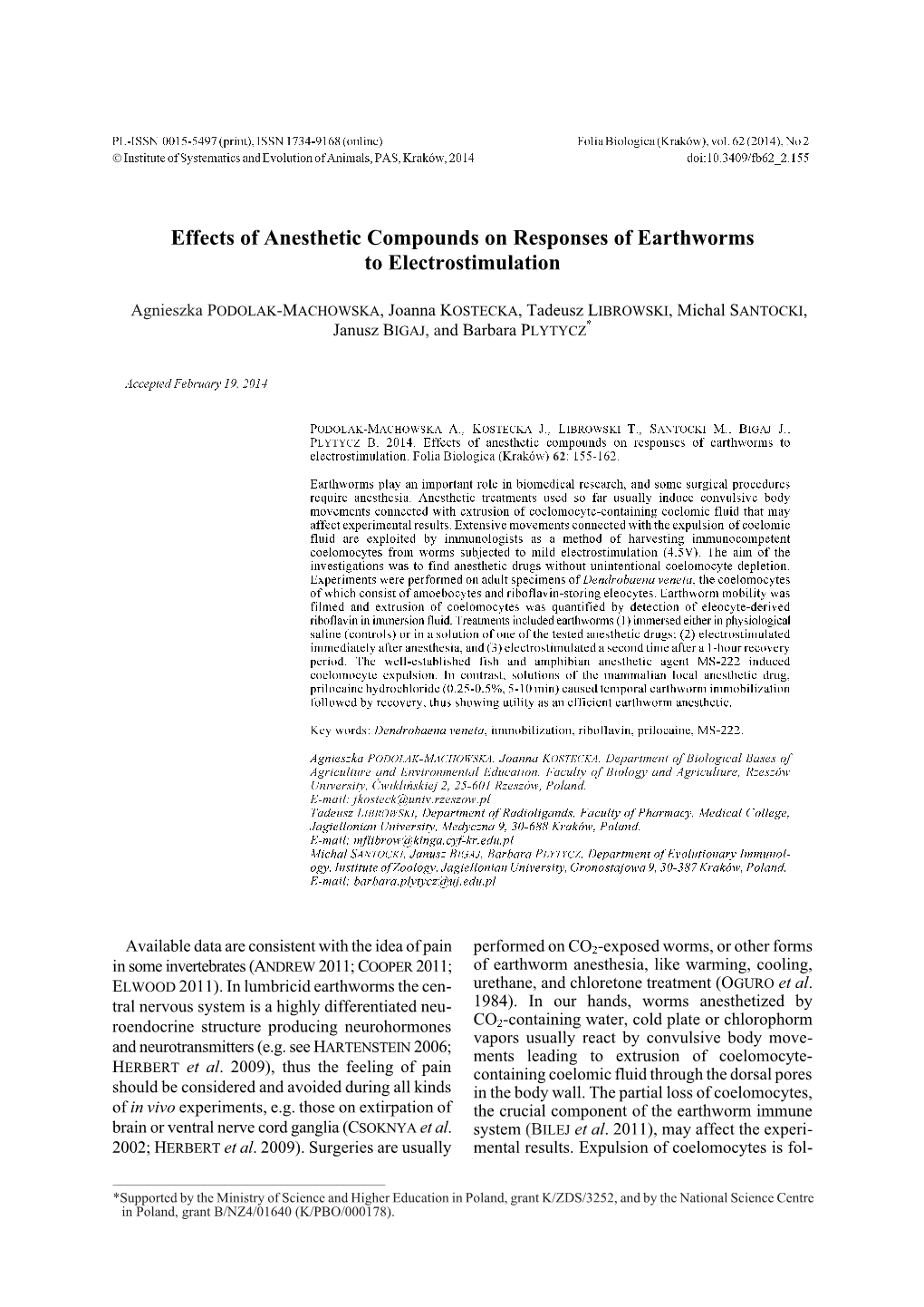 Effects of Anesthetic Compounds on Responses of Earthworms to Electrostimulation