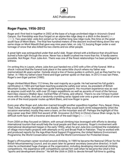 Roger Payne, 1956-2012 Roger and I First Tied in Together in 2002 at the Base of a Huge Unclimbed Ridge in Arizona’S Grand Canyon