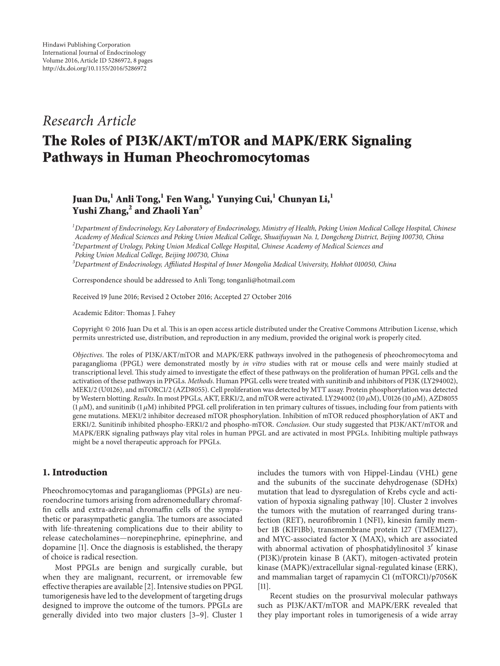 The Roles of PI3K/AKT/Mtor and MAPK/ERK Signaling Pathways in Human Pheochromocytomas