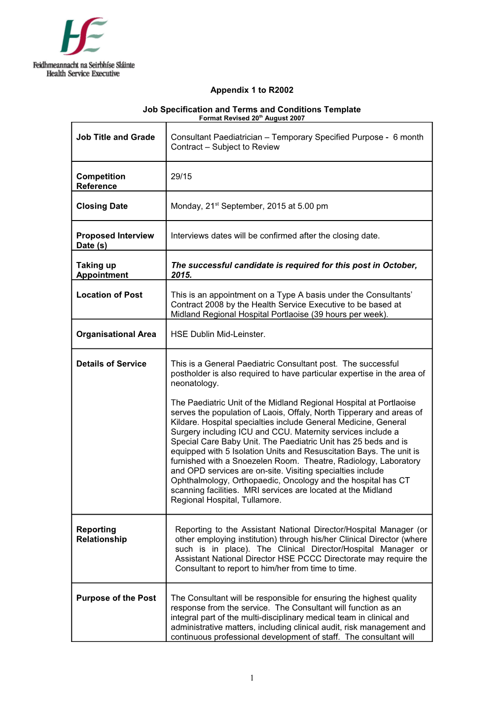 Job Specification and Terms and Conditions Template