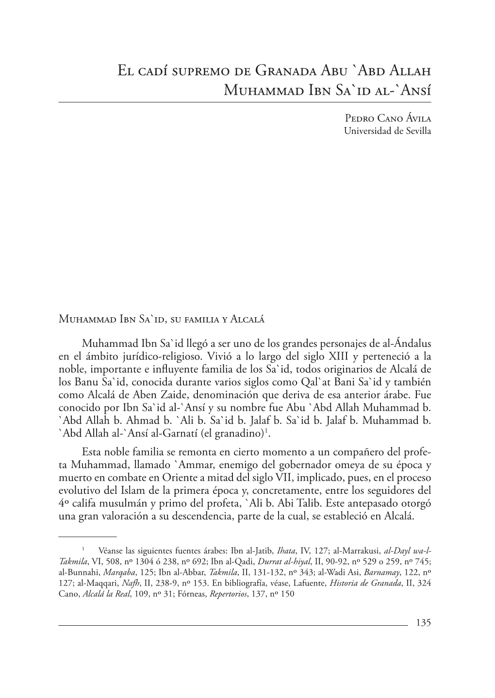 El Cadí Supremo De Granada Abu `Abd Allah Muhammad Ibn Sa`Id Al-`Ansí