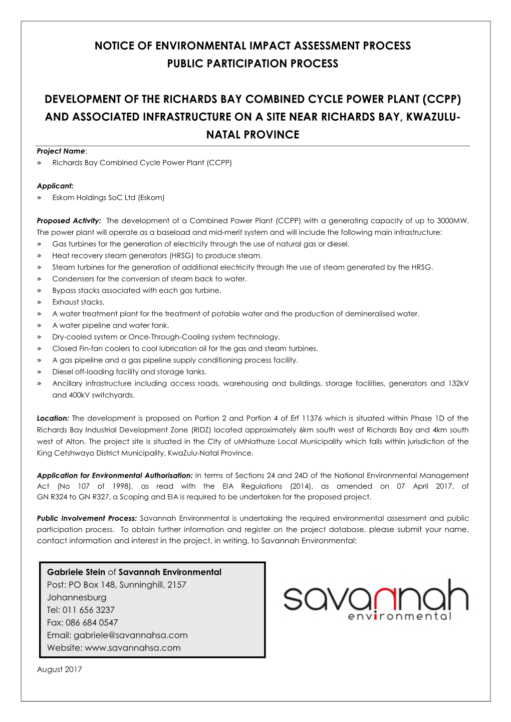 Notice of Environmental Impact Assessment Process Public Participation Process