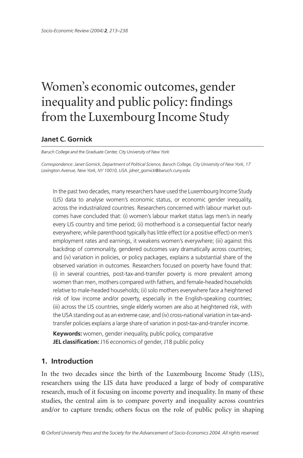 Women's Economic Outcomes, Gender Inequality and Public Policy
