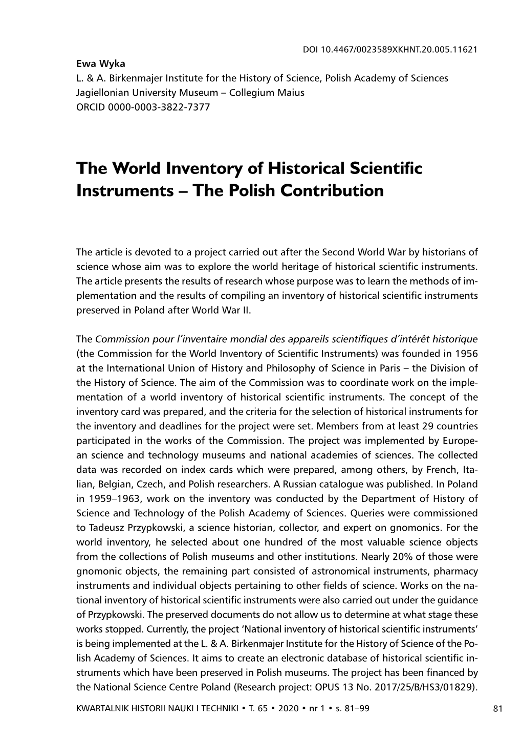 The World Inventory of Historical Scientific Instruments – the Polish