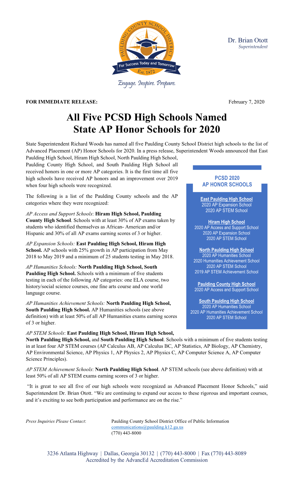 Five PCSD High Schools Named State AP Honor Schools for 2020