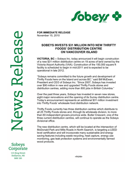 Sobeys Invests $31 Million Into New Thrifty Foods' Distribution Centre On