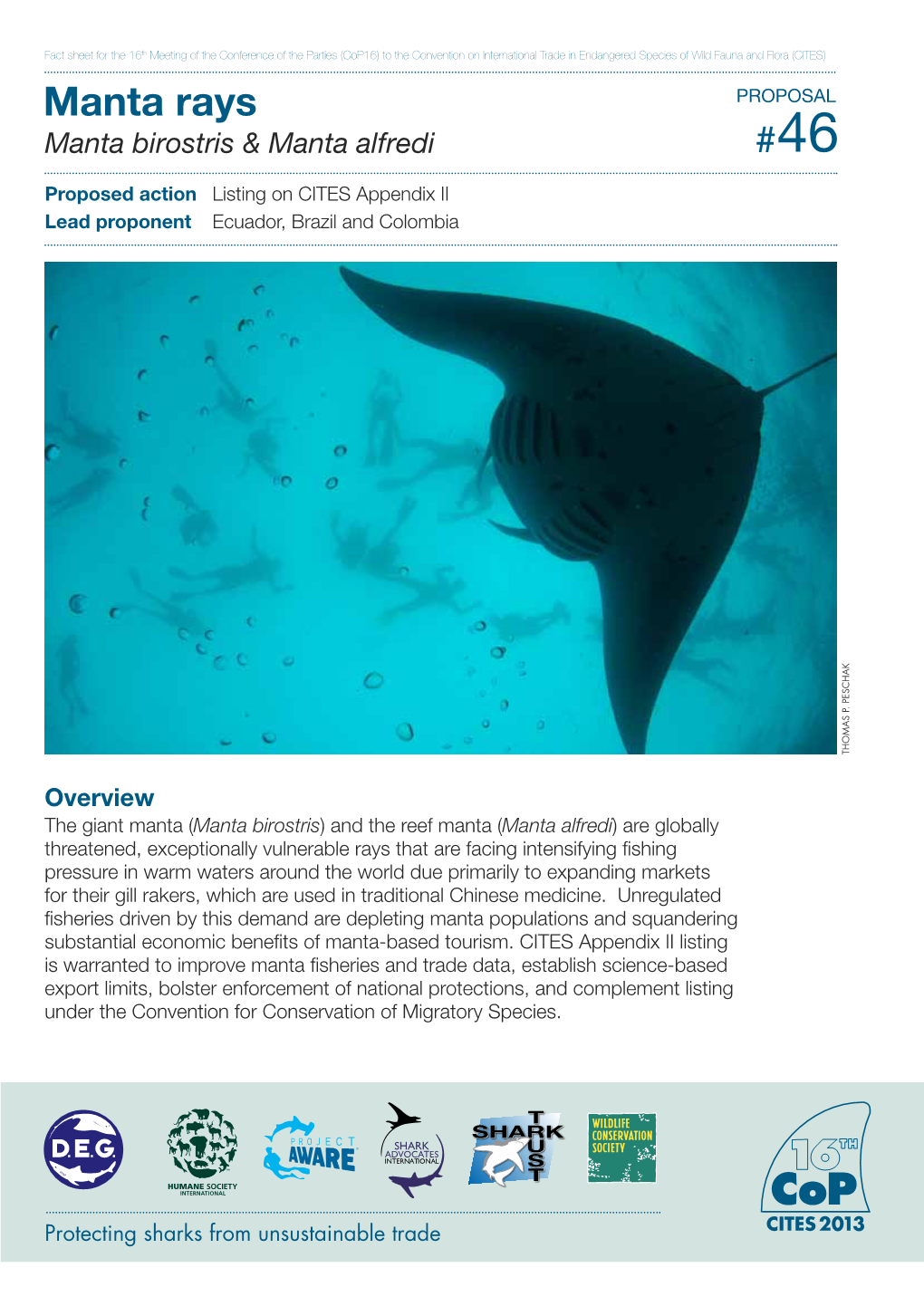 Manta Rays PROPOSAL Manta Birostris & Manta Alfredi # 46 Proposed Action Listing on CITES Appendix II Lead Proponent Ecuador, Brazil and Colombia THOMAS P