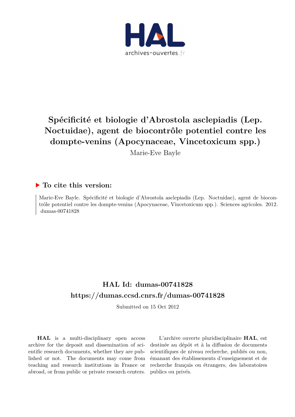 Spécificité Et Biologie D'abrostola Asclepiadis (Lep. Noctuidae)