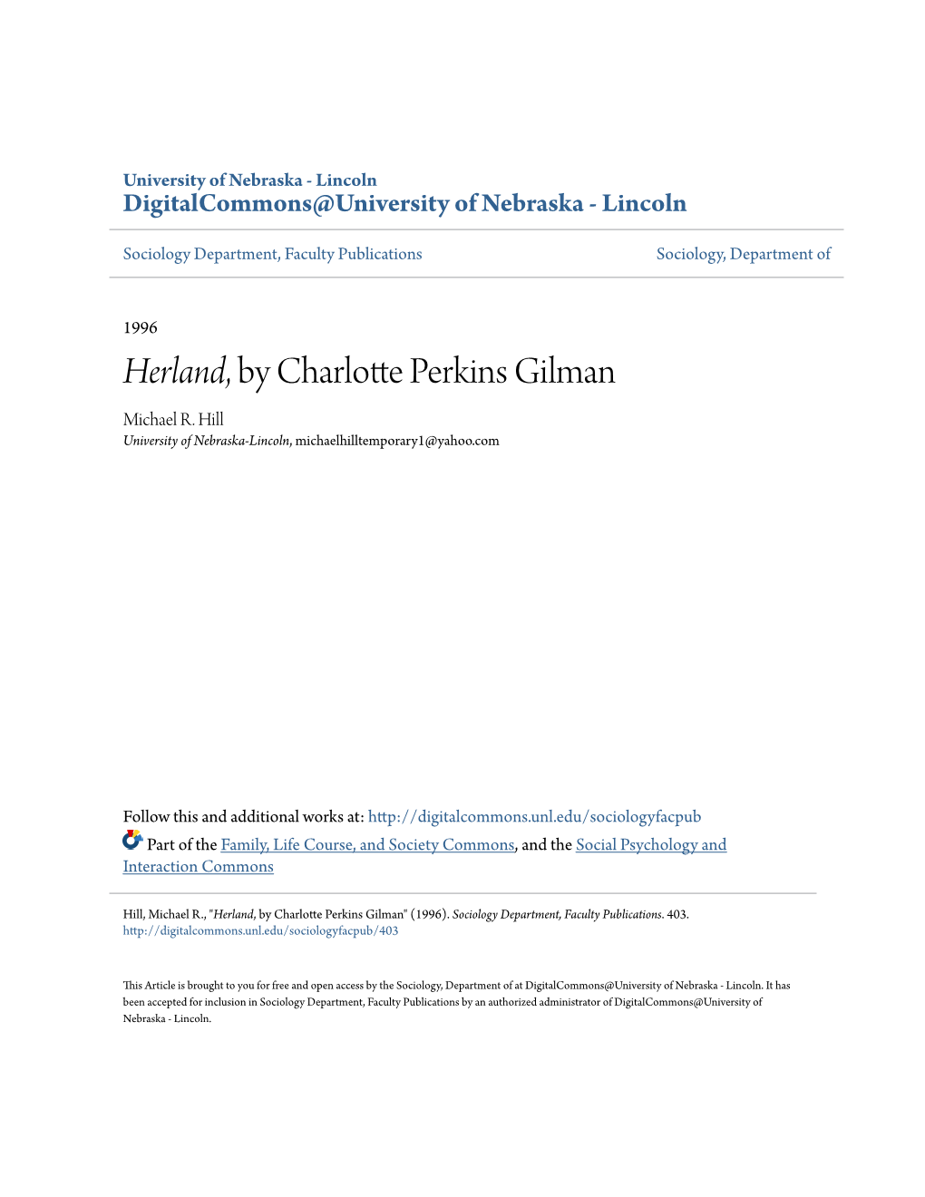 Herland, by Charlotte Perkins Gilman Michael R