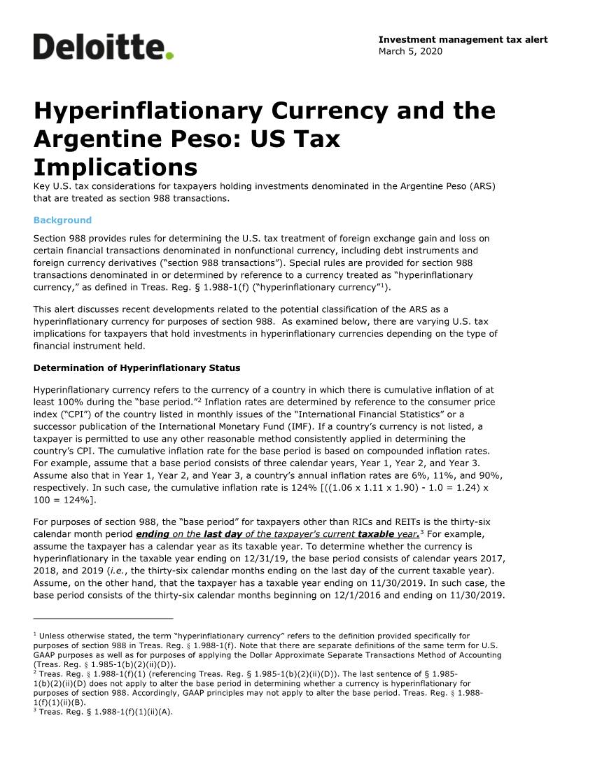 Hyperinflationary Currency and the Argentine Peso: US Tax